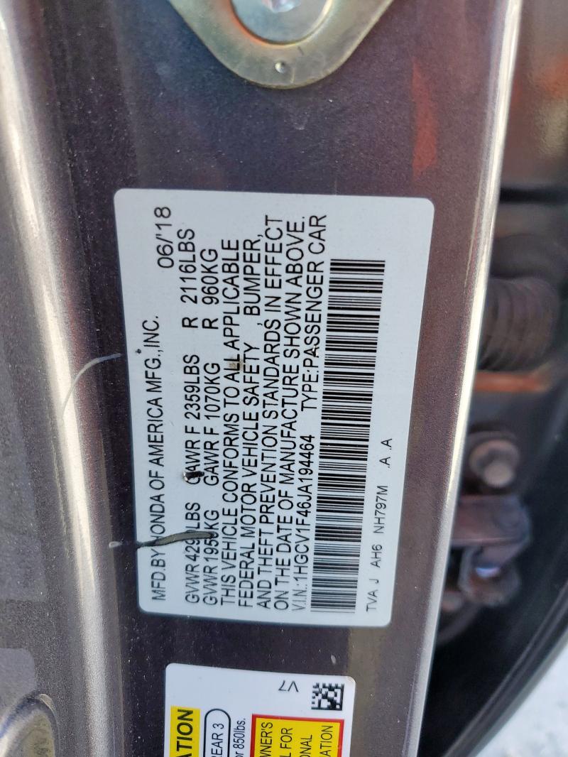 1HGCV1F46JA194464 - 2018 HONDA ACCORD EX GRAY photo 13