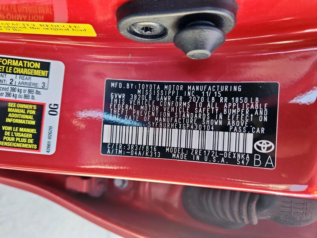 5YFBURHEXGP430104 - 2016 TOYOTA COROLLA L 红色 照片 12