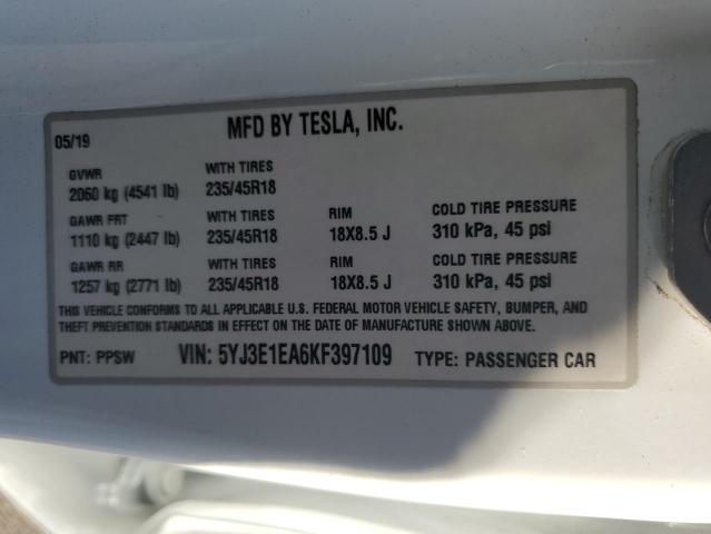 5YJ3E1EA6KF397109 - 2019 TESLA MODEL 3 أبيض صورة 12