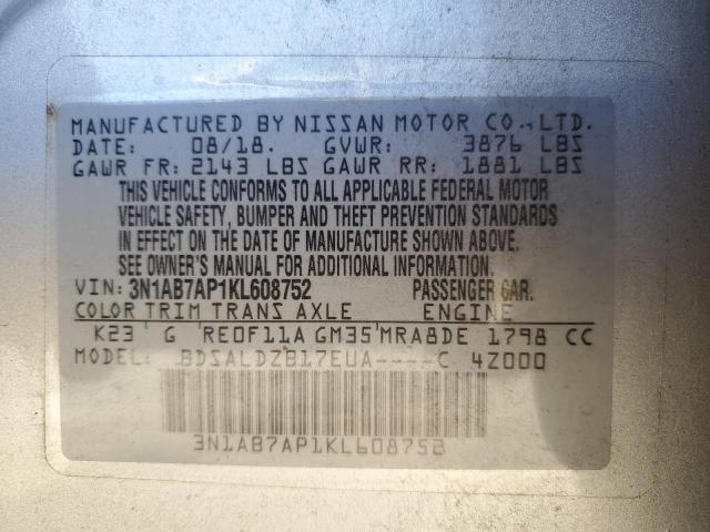 3N1AB7AP1KL608752 - 2019 NISSAN SENTRA S 银色 照片 12