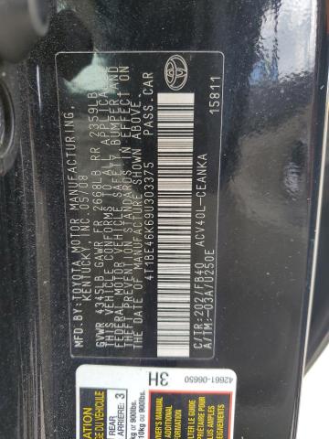 4T1BE46K69U303375 - 2009 TOYOTA CAMRY BASE Siyah fotoğraf 13