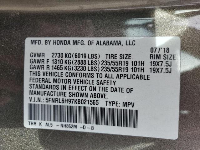 5FNRL6H97KB021565 - 2019 HONDA ODYSSEY ELITE Մոխրագույն լուսանկար 13