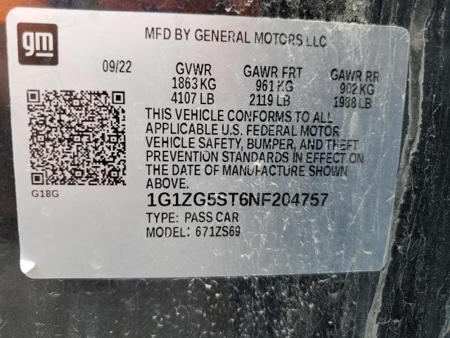 1G1ZG5ST6NF204757 - 2022 CHEVROLET MALIBU RS Қара фото 13