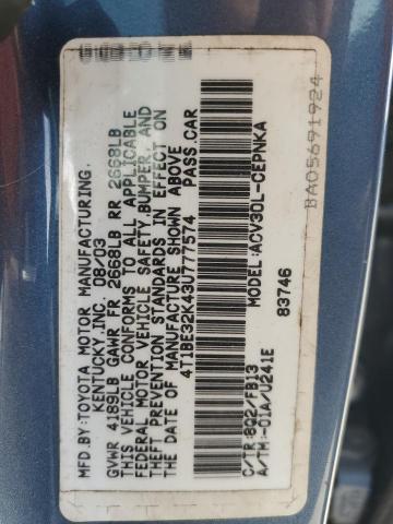 4T1BE32K43U777574 - 2003 TOYOTA CAMRY LE Mavi fotoğraf 12