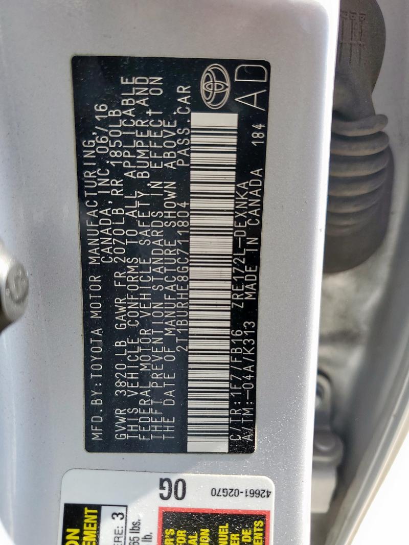 2T1BURHE8GC711804 - 2016 TOYOTA COROLLA L SILVER photo 13