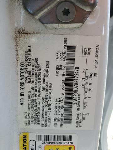 3FA6P0HD7KR175478 - 2019 FORD FUSION SE WHITE photo 12