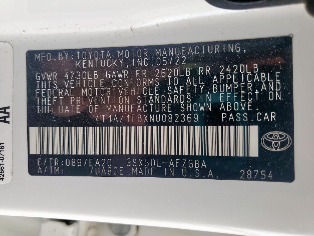 4T1AZ1FBXNU082369 - 2022 TOYOTA AVALON XLE Weiß Foto 12