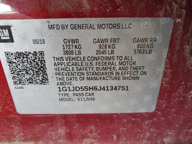 1G1JD5SH6J4134751 - 2018 CHEV SONIC LT 栗色 照片 12