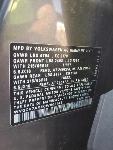 WVGCV7AX6CW003145 - 2012 VOLKSWAGEN TIGUAN S GRAY photo 13