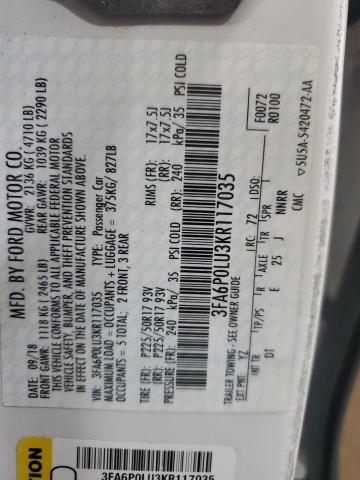 3FA6P0LU3KR117035 - 2019 FORD FUSION SE Weiß Foto 13