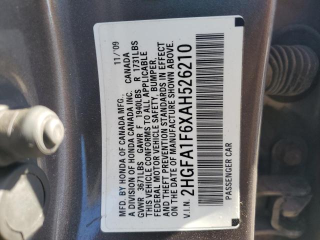 2HGFA1F6XAH526210 - 2010 HONDA CIVIC LX-S GRAY photo 12