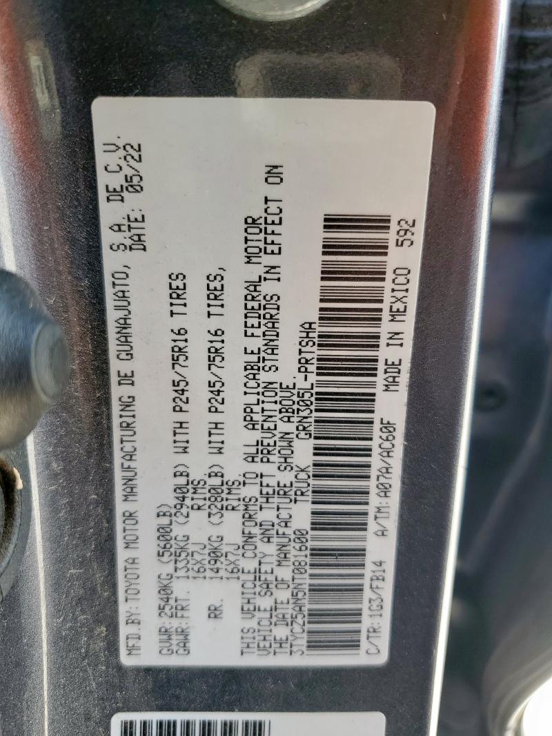 3TYCZ5AN5NT081600 - 2022 TOYOTA TACOMA DOUBLE CAB 石墨色 照片 13