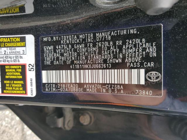 4T1B11HKXJU662613 - 2018 TOYOTA CAMRY L 黑色 照片 12