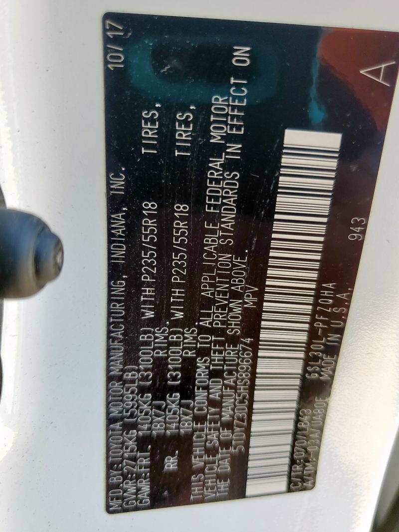 5TDYZ3DC5HS896674 - 2017 TOYOTA SIENNA XLE Білий фото 13