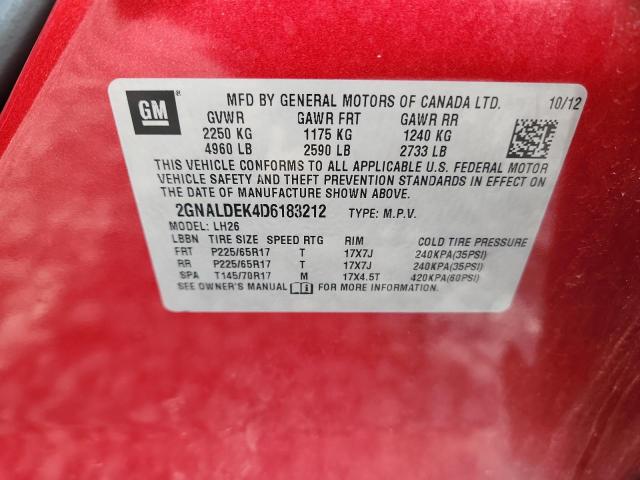 2GNALDEK4D6183212 - 2013 CHEVROLET EQUINOX LT წითელი ფოტო 13