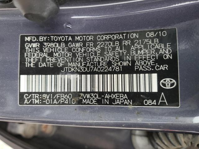 JTDKN3DU7A0224781 - 2010 TOYOTA PRIUS გრაფიტი ფოტო 20