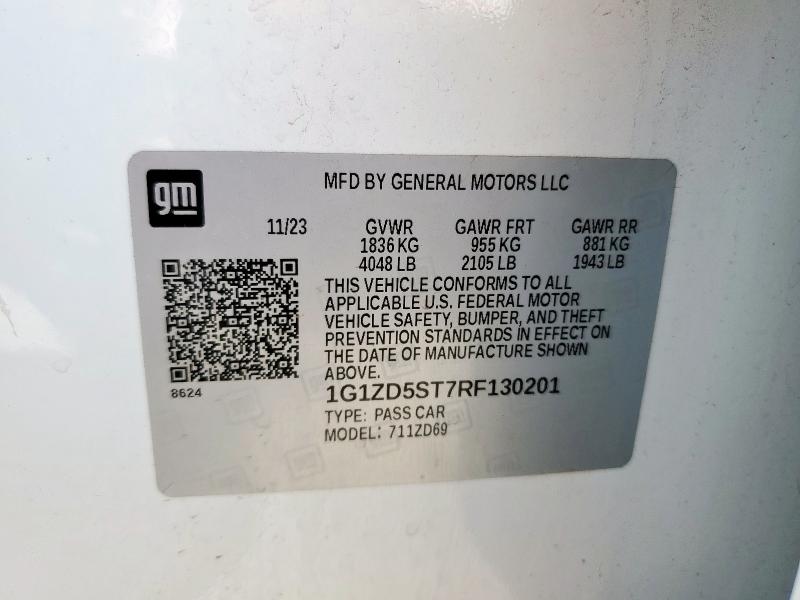 1G1ZD5ST7RF130201 - 2024 CHEVROLET MALIBU LT WHITE photo 12