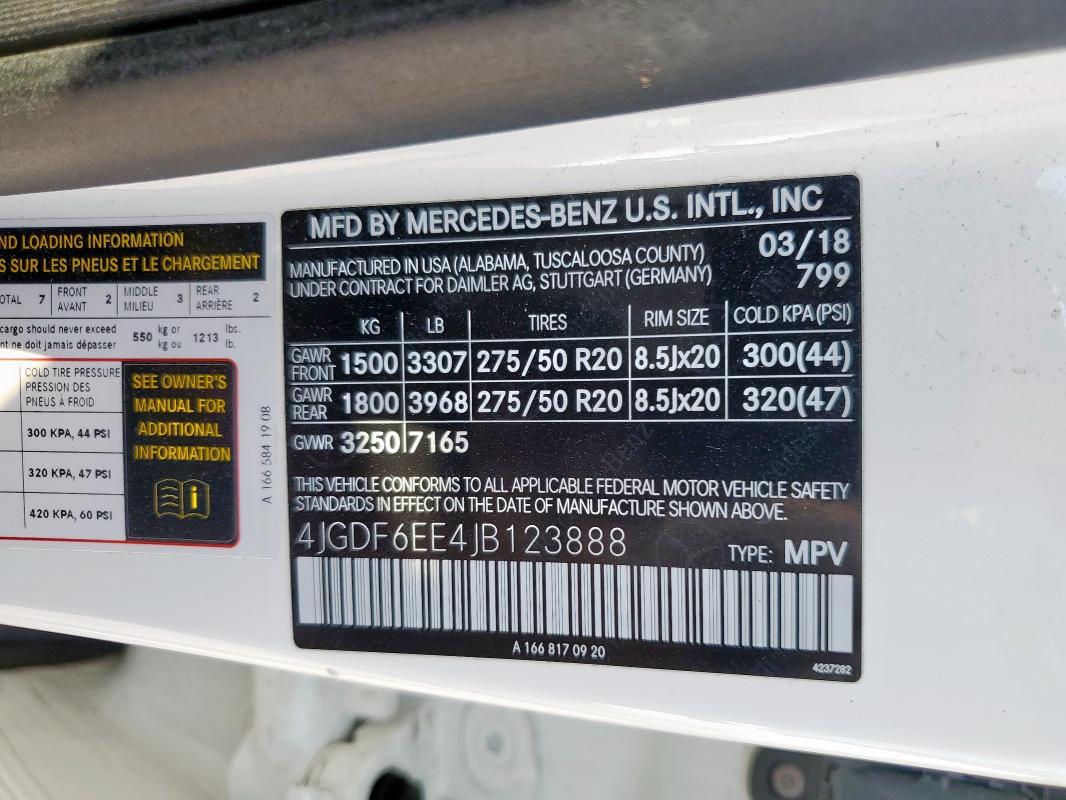 4JGDF6EE4JB123888 - 2018 MERCEDES-BENZ GLS 450 4MATIC WHITE photo 13