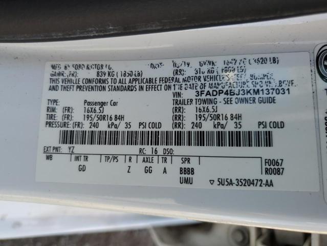 3FADP4BJ3KM137031 - 2019 FORD FIESTA SE 白色 照片 12