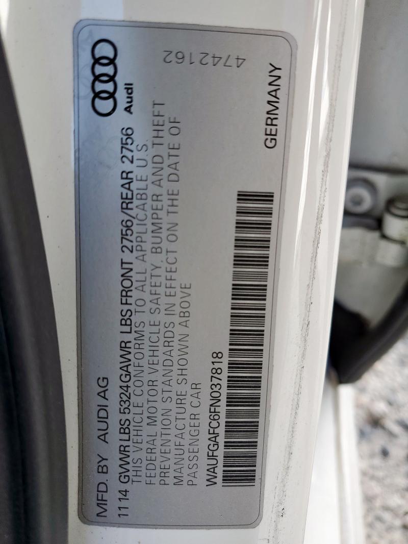 WAUFGAFC6FN037818 - 2015 AUDI A6 PREMIUM PLUS WHITE photo 12