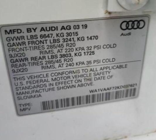 WA1VAAF72KD037621 - 2019 AUDI Q7 PRESTIGE Սպիտակ լուսանկար 10