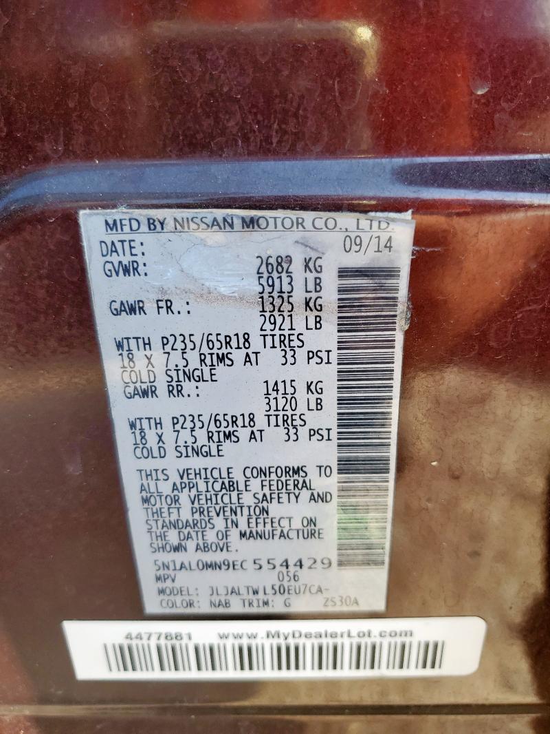 5N1AL0MN9EC554429 - 2014 INFINITI QX60 BURGUNDY photo 14