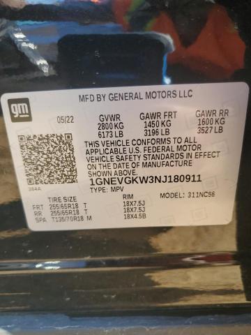 1GNEVGKW3NJ180911 - 2022 CHEVROLET TRAVERSE LT BLACK photo 13