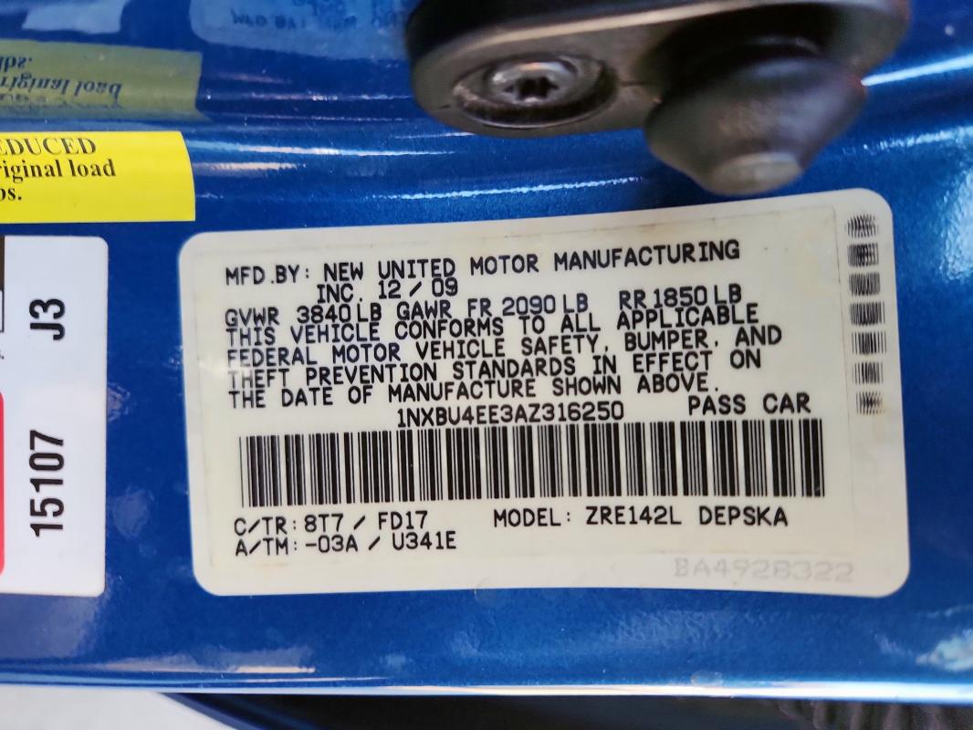 1NXBU4EE3AZ316250 - 2010 TOYOTA COROLLA BASE Mavi foto 13