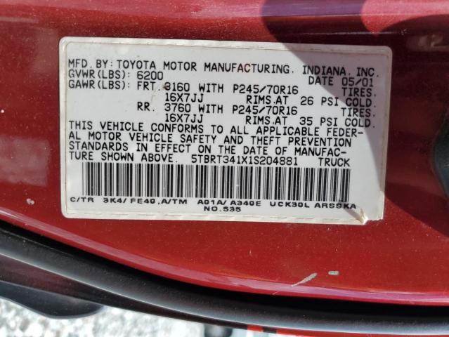 5TBRT341X1S204881 - 2001 TOYOTA TUNDRA ACCESS CAB Червоний фото 13