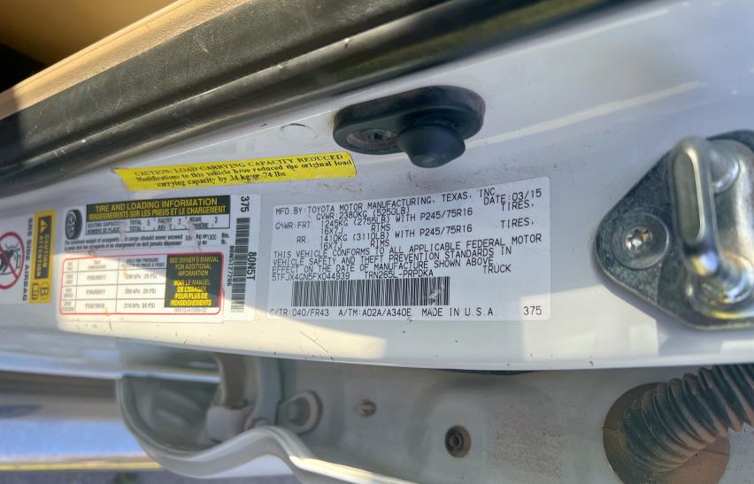 5TFJX4GN5FX044939 - 2015 TOYOTA TACOMA DOUBLE CAB PRERUNNER WHITE photo 10