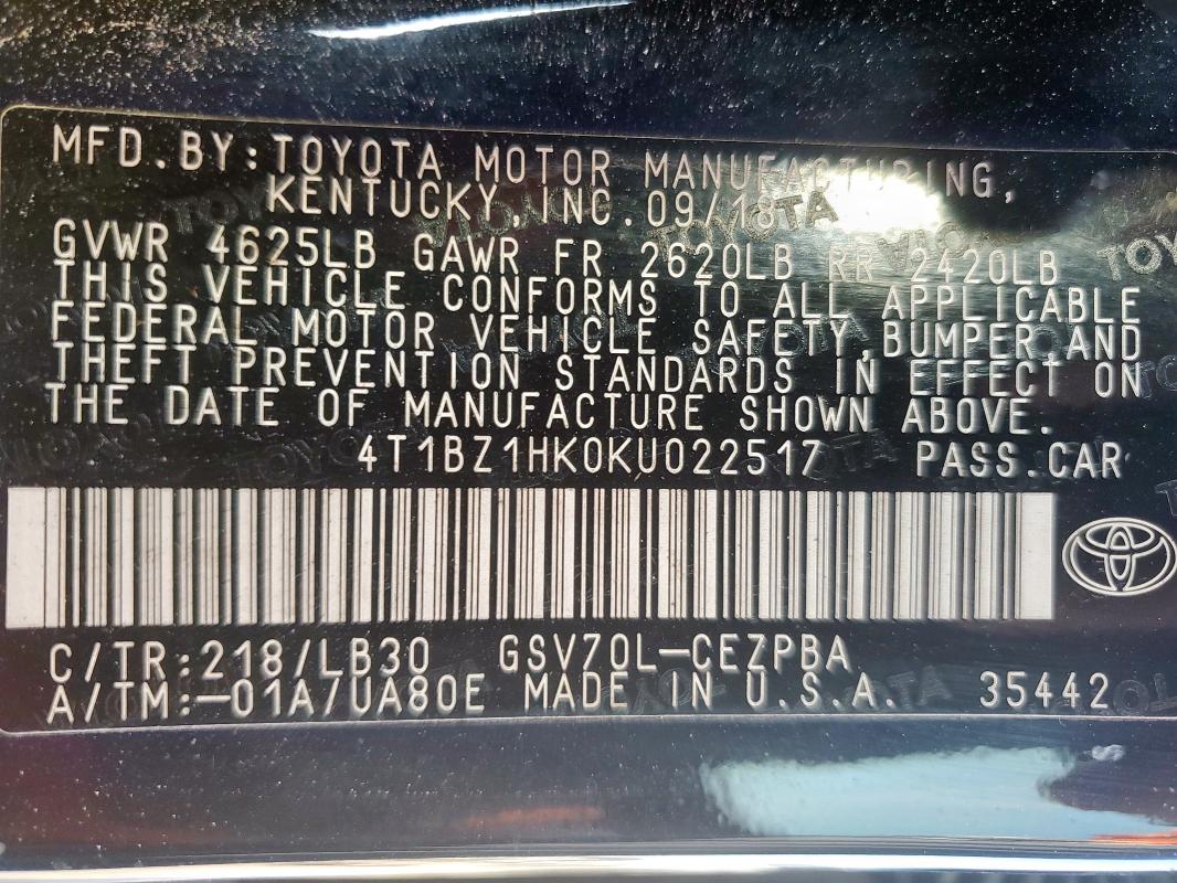 4T1BZ1HK0KU022517 - 2019 TOYOTA CAMRY XSE BLACK photo 12