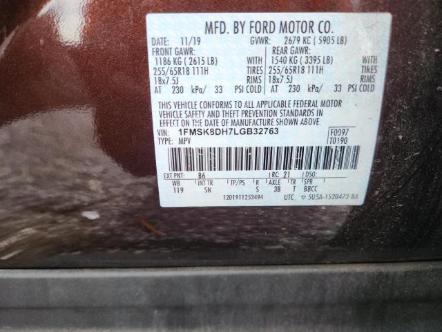 1FMSK8DH7LGB32763 - 2020 FORD EXPLORER XLT BURGUNDY photo 13