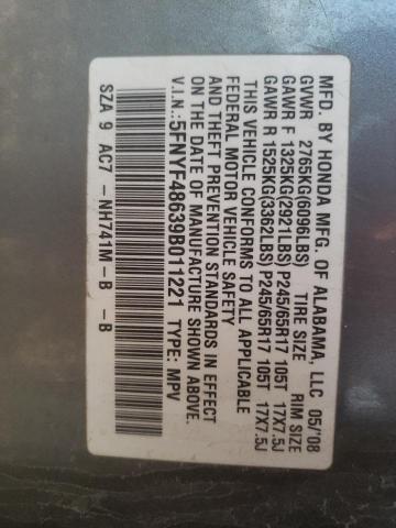 5FNYF48639B011221 - 2009 HONDA PILOT EXL ვერცხლისფერი ფოტო 14