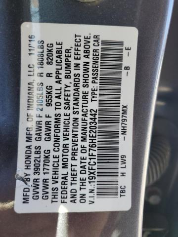 19XFC1F76HE203442 - 2017 HONDA CIVIC EXL GRAY photo 13