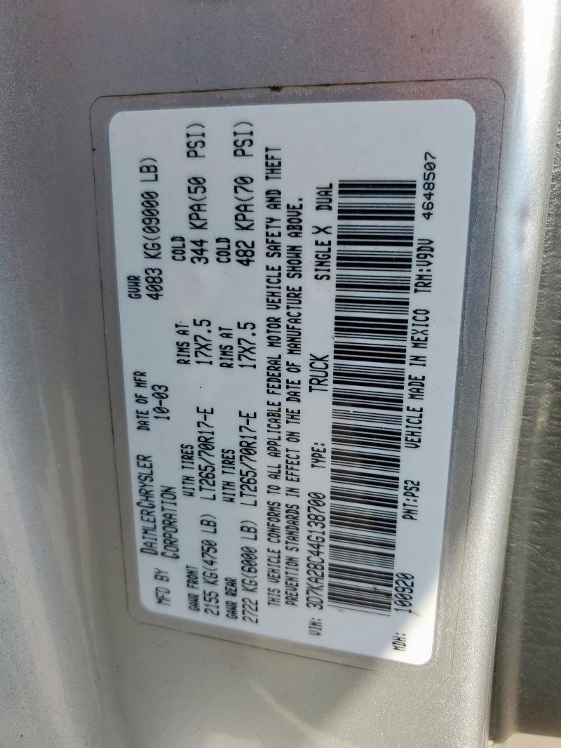 3D7KA28C44G138700 - 2004 DODGE RAM 2500 ST 银色 照片 12