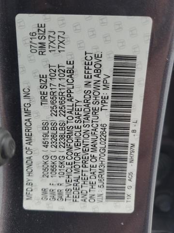 5J6RM3H70GL022646 - 2016 HONDA CR-V EXL GRAY photo 13