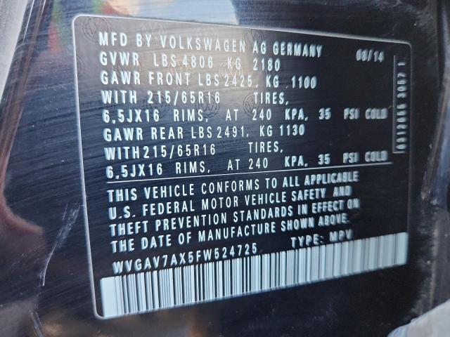 WVGAV7AX5FW524725 - 2015 VOLKSWAGEN TIGUAN S BLACK photo 13