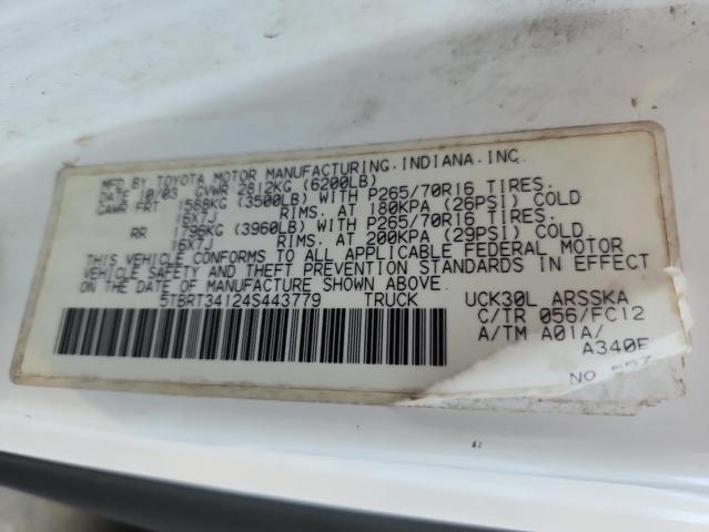 5TBRT34124S443779 - 2004 TOYOTA TUNDRA ACCESS CAB SR5 WHITE photo 12