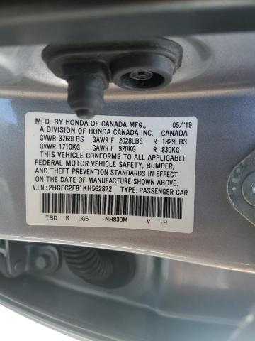 2HGFC2F81KH562872 - 2019 HONDA CIVIC SPORT ვერცხლისფერი ფოტო 12