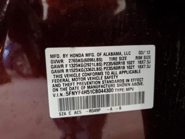 5FNYF4H51CB044300 - 2012 HONDA PILOT EXL MAROON photo 13