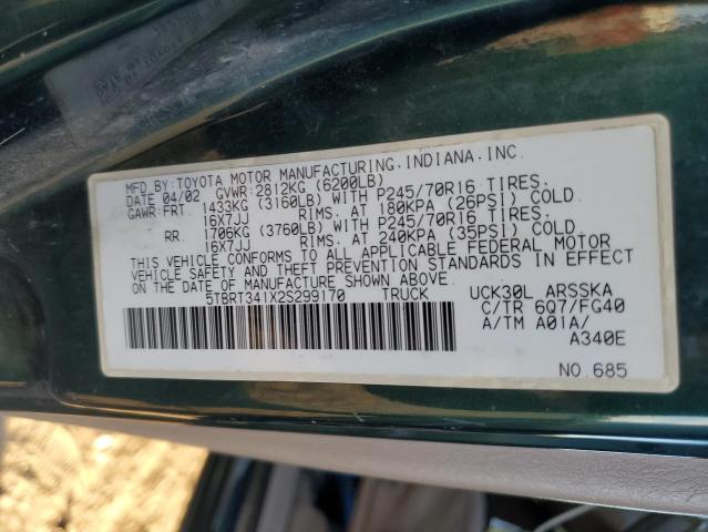 5TBRT341X2S299170 - 2002 TOYOTA TUNDRA ACCESS CAB მწვანე ფოტო 12