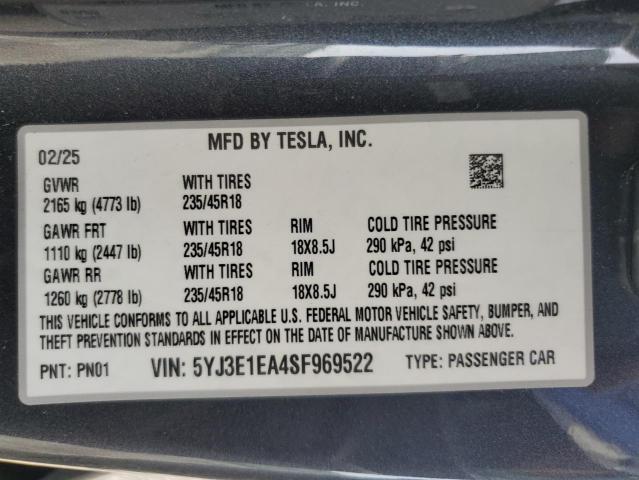 5YJ3E1EA4SF969522 - 2025 TESLA MODEL 3 GRAY photo 13