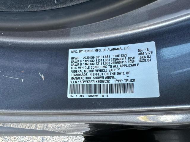 5FPYK3F71KB009532 - 2019 HONDA RIDGELINE RTL ნაცრისფერი ფოტო 10