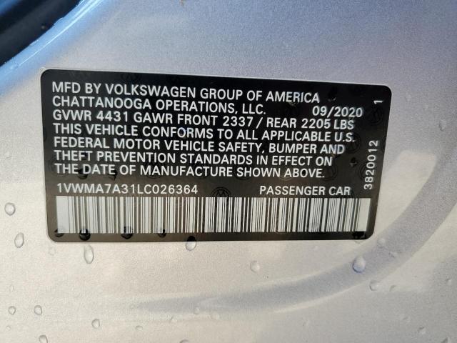 1VWMA7A31LC026364 - 2020 VOLKSWAGEN PASSAT R-LINE ნაცრისფერი ფოტო 12