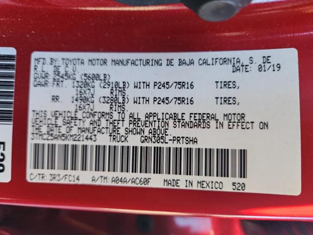 3TMCZ5AN5KM221443 - 2019 TOYOTA TACOMA DOUBLE CAB Rot Foto 12