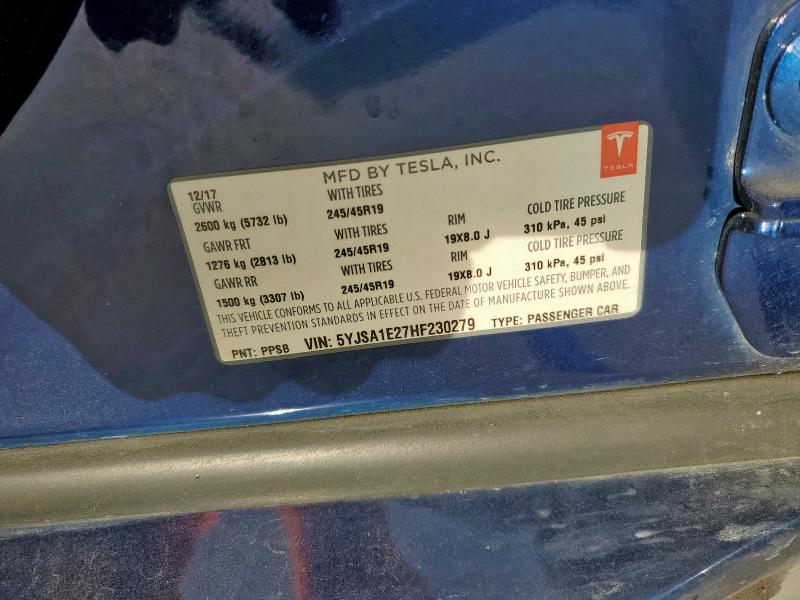 5YJSA1E27HF230279 - 2017 TESLA MODEL S Niebieski zdjęcie 13