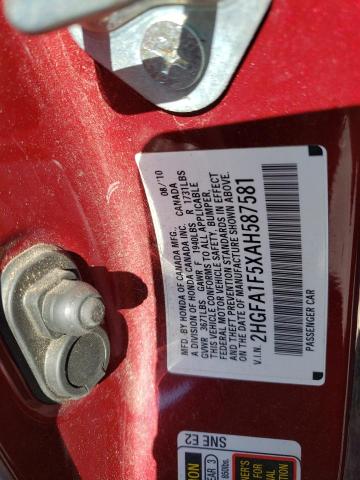 2HGFA1F5XAH587581 - 2010 HONDA CIVIC LX MAROON photo 12