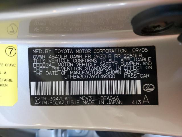 JTHBA30G765149200 - 2006 LEXUS ES 330 BEIGE photo 12