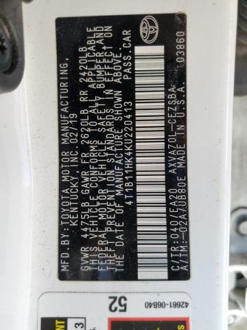 4T1B11HK4KU220413 - 2019 TOYOTA CAMRY L WHITE photo 12