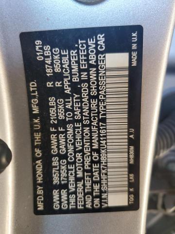 SHHFK7H89KU411617 - 2019 HONDA CIVIC EXL 银色 照片 12